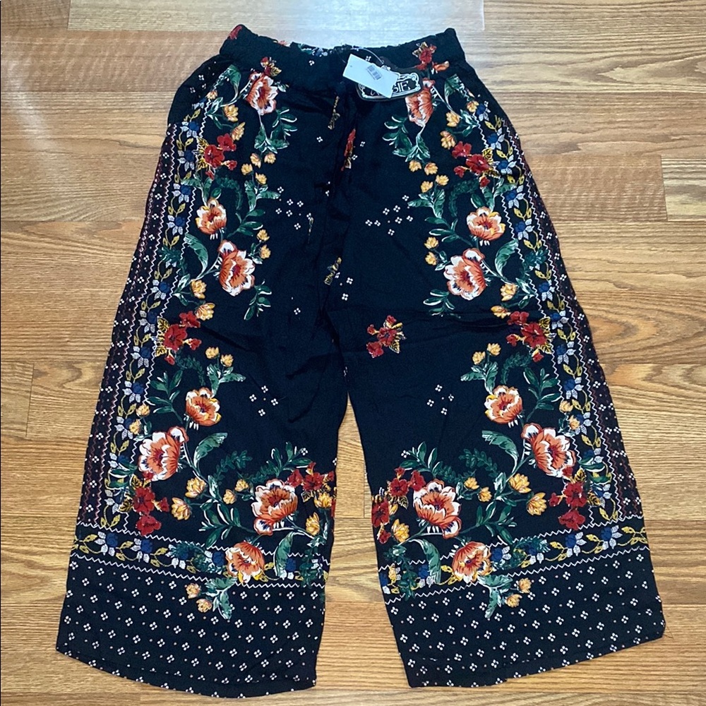 Angie Women’s Floral Crop Pants - Blue with Multicolor Floral Design